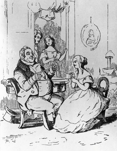 M. Joseph Sedley piégé par Becky Sharp, illustration pour le 1er chapitre de Vanity Fair, roman de William Makepeace Thackeray (1811-1863), gravure d