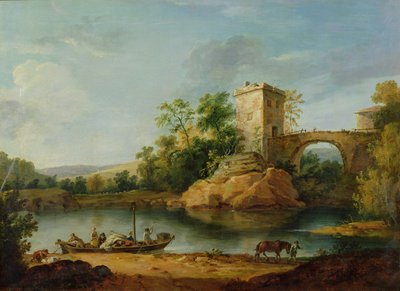Paysage fluvial italien boisé avec paysans dans une barge et un pont au-delà, vers 1770 - William Marlow