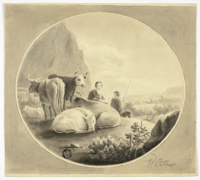 Gardiens de troupeaux, vaches et moutons dans le paysage - William Pether
