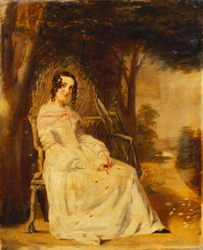 Portrait de Mary Freer assise en longueur sur un siège de jardin - William Powell Frith