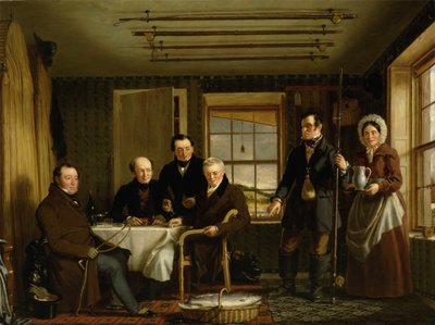 Discussion sur une prise de saumon dans un pavillon de pêche écossais, vers 1840 - William Shiels
