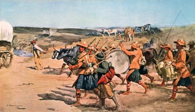 Over the Veldt. Tambours et cornemuses du 91e (Argyllshire) Highlanders (lithographie couleur) - William Skeoch Cumming