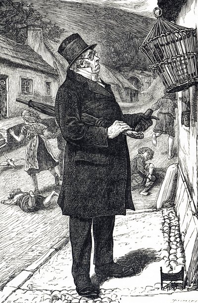 Dessin humoristique représentant un homme en haut-de-forme outré par un étourneau domestique perturbant le sabbat en faisant rire et crier les enfants avec son langage - William Small
