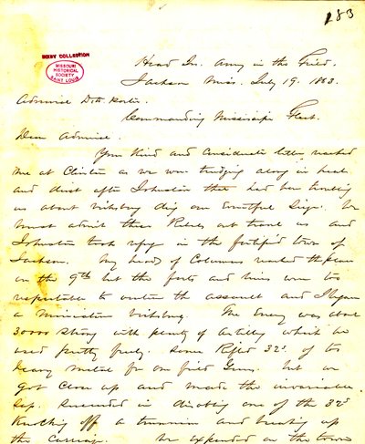 Lettre de W. T. Sherman, quartier général, Armée sur le terrain, Jackson, Mississippi, à [David D.] Porter, 19 juillet 1863 - William T. Sherman