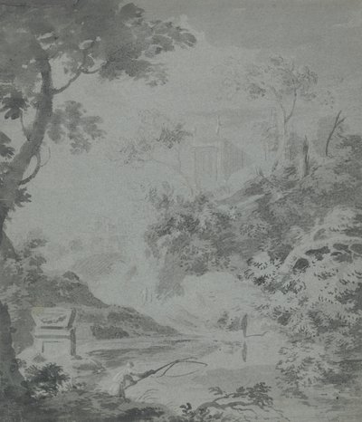 Paysage avec un bâtiment classique lointain et un homme pêchant - William Taverner