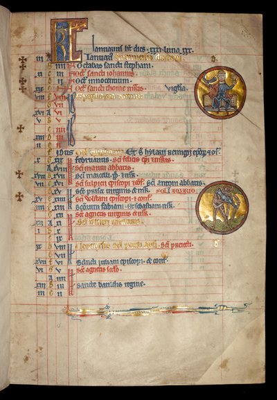 Ms 322 f.1r Janvier, un homme à trois têtes buvant, illustration du 