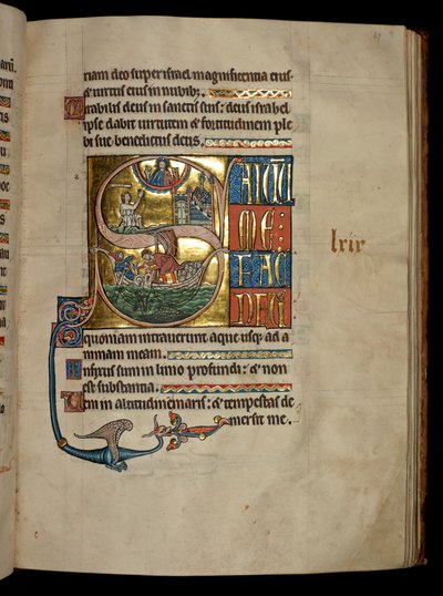 Ms 322 f.67r, Psaume 68, initiale S, Jonas priant le Christ à sa sortie de la baleine et Jonas jeté à la baleine, illustration du 