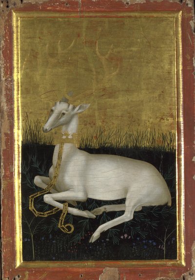 Un cerf blanc enchaîné avec une couronne autour du cou (Panneau extérieur du Diptyque de Wilton), Entre 1395 et 1399 - Wilton Master