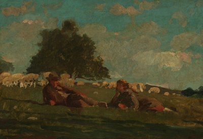 Garçon et fille dans un champ avec des moutons - Winslow Homer