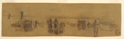 Dessin, plage avec quatre bateaux de pêche, Cullercoats, Angleterre, 1881-82 - Winslow Homer
