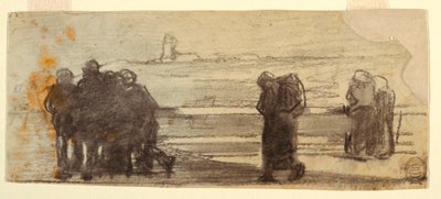 Dessin, figures surplombant une baie et un petit bateau, Cullercoats, Angleterre, 1881-82 - Winslow Homer