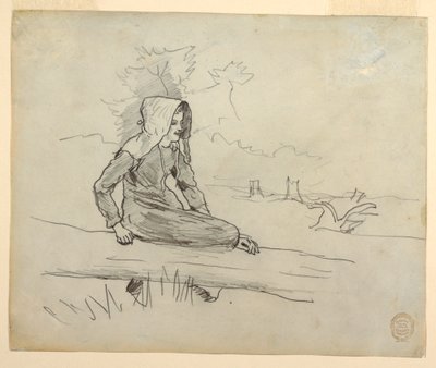 Dessin, Jeune fille assise sur un tronc d