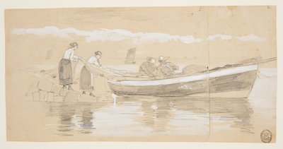 Pêcheur et Femmes Rangeant des Filets dans une Barque Échouée, Cullercoats, Angleterre - Winslow Homer
