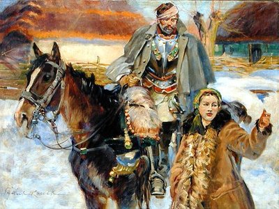 Cuirassier blessé avec une fille, vers 1930 - Wojciech Kossak