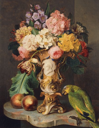 Nature morte avec un vase de fleurs variées, pêches et un perroquet sur un rebord de marbre - Wolfgang Küss