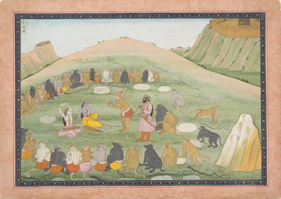Hanuman ranime Rama et Lakshmana avec des herbes médicinales..., série Ramayana - Workshop active in the First generation