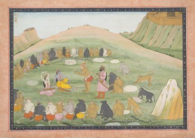 Hanuman ranime Rama et Lakshmana avec des herbes médicinales : folio illustré..., vers 1790 - Workshop active in the First generation