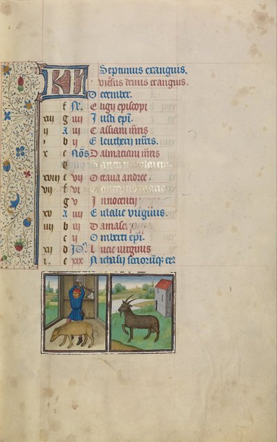 Un homme abattant un cochon; Signe du zodiaque du Capricorne - Workshop of Willem Vrelant