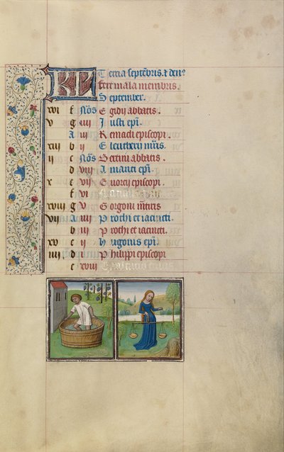 Un homme foulant le raisin; Signe du zodiaque de la Balance - Workshop of Willem Vrelant