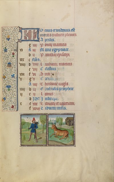 Un jeune homme portant une branche feuillue; Signe du zodiaque du Taureau - Workshop of Willem Vrelant
