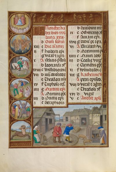 Battage et alimentation des porcs; Signe du zodiaque du Sagittaire - Workshop of the Master of James IV of Scotland