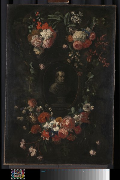 Buste sculpté feint du bienheureux Hieronymus Werdanus dans une cartouche de pierre feinte, décoré d