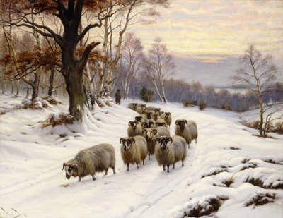 Un berger et son troupeau sur un chemin en hiver - Wright Barker