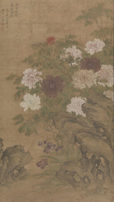 Pivoines et iris sur un rocher - Wu Mou