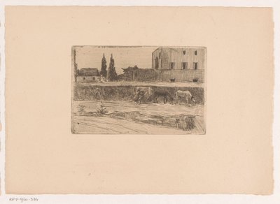 Paysage avec bâtiments et une figure au travail - Xavier Mellery (attributed to)