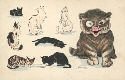 Gros chat, portant un monocle, aux côtés de divers autres chats moins favorisés - Xavier Sager