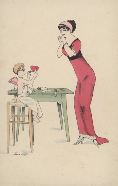 Fille attendant que deux cœurs soient réunis par Cupidon - Xavier Sager