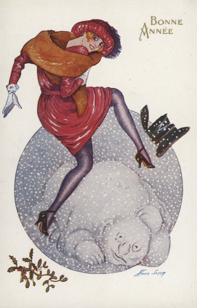 Carte de Nouvel An avec une fille et un bonhomme de neige - Xavier Sager