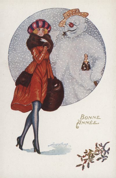 Carte de Nouvel An avec une fille et un bonhomme de neige - Xavier Sager