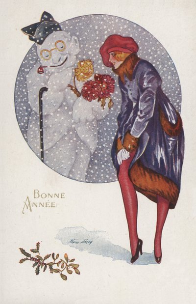 Carte de Nouvel An avec une fille et un bonhomme de neige - Xavier Sager