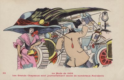 Carte postale satirique sur les dangers des grands chapeaux et des épingles à chapeau - la mode de 1909 - Xavier Sager