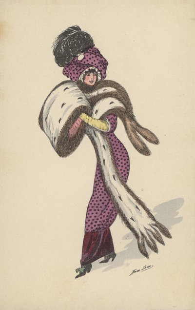 Jolie fille, en robe à pois violette, avec une grande manchon de fourrure et une draperie - Xavier Sager