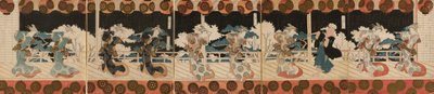 Courtisanes dansantes, une, de la série de pentaptyques "Furuichi Dance Performance (Furuichi odori)" pour le Hisakataya Poetry Club. - Yashima Gakutei
