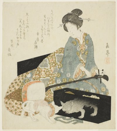 Femme avec shamisen et chat - Yashima Gakutei