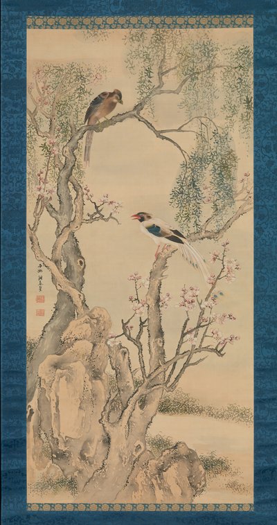 Oiseaux dans les saules et pêcher en fleurs - Yosa Buson