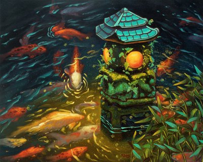 Lanterne en pierre avec poissons koi, 2023 - Yue Zeng
