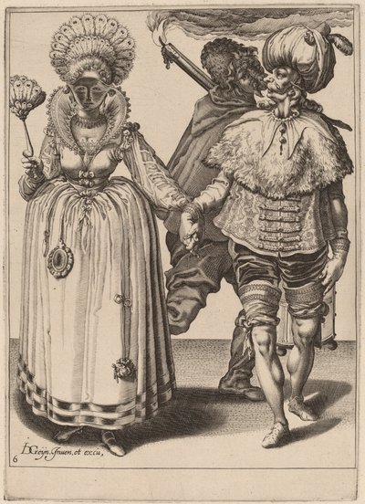 Un homme avec un turban menant une femme portant des plumes de paon - Zacharias Dolendo after Jacques de Gheyn II