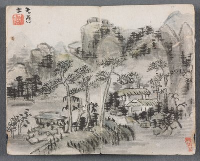 Album miniature avec figures et paysage (Paysage avec deux bâtiments) - Zeng Yandong