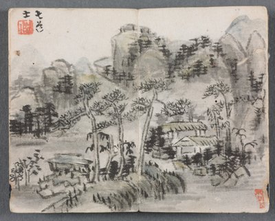Album miniature avec figures et paysage : Paysage avec deux bâtiments, 1822 - Zeng Yangdong