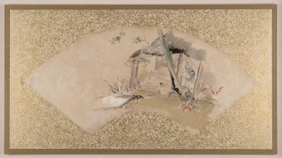 Maison avec femme et bébé, fin du 19e siècle (peinture en éventail montée en feuille d