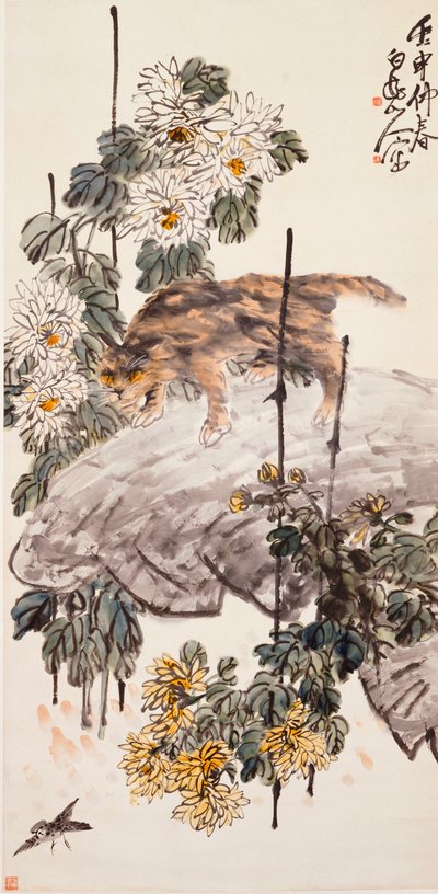 Chat, oiseau et chrysanthèmes - Zhen Wang