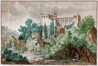 Un monastère en Italie. Pèlerin adorant la croix de Jésus-Christ dans une grotte. vers 1850 - . .