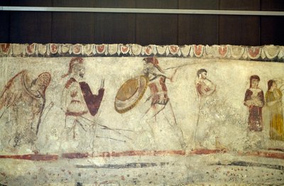 Scène de bataille entre deux guerriers, fresque de la Nécropole d