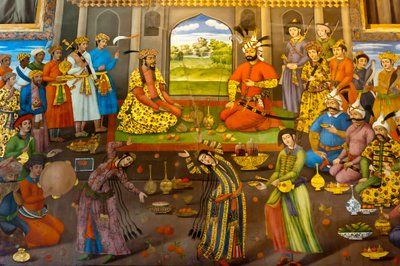 Fresque ; banquet avec danseuses ; Shah Tahmasp reçoit l