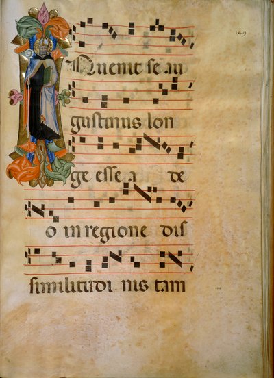 Initiale illuminée avec la figure de Saint Augustin (Corale 19, c. 149), œuvre de Silvestro dei Gherarducci pour le livre de chœur 19 de Santa Maria degli Angeli conservé à la Biblioteca Medice-Laurenziana à Florence - Henry Charles Fehr