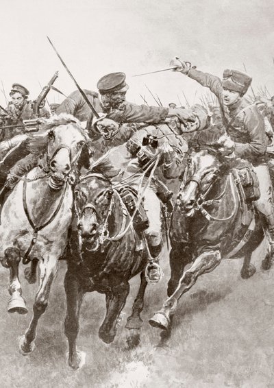 Combat monté entre cosaques russes et cavalerie allemande connue sous le nom de Hussards de la Mort à Schwansfeld, entre Korschen et Bartenstein, Prusse orientale, août 1914 pendant la Première Guerre mondiale, de La Esfera - Ferdinand Georg Waldmuller